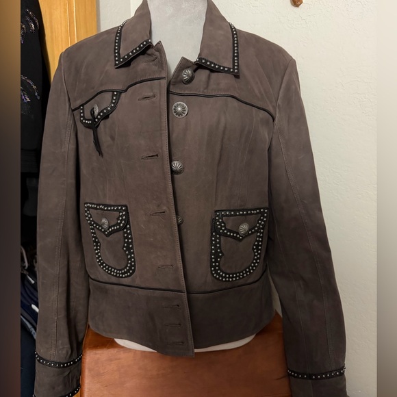 Double D Ranch Jackets & Blazers - Double D Ranch Dark Brown Leather Stud-Trim Jacket
